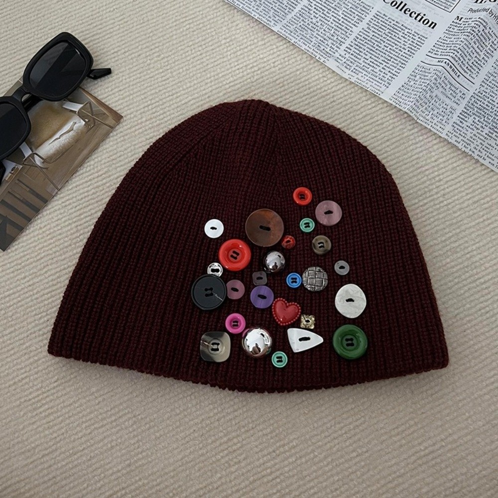 Beanie Cuffed Knit - Gorro de punto colorido con botones,