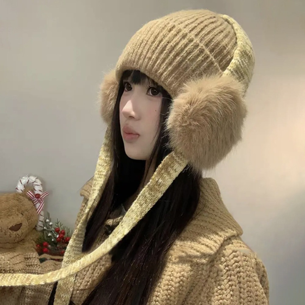 Beanie Cuffed Knit - Gorro retro de punto con orejeras,